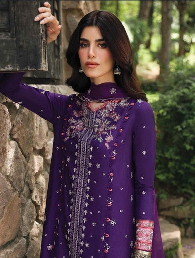 Qalamkar | Purple Embroided Unstiched 3Pc - Lawn