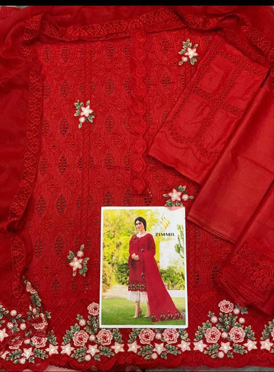 Zarqash | Red Chickankari 3Pc - Lawn