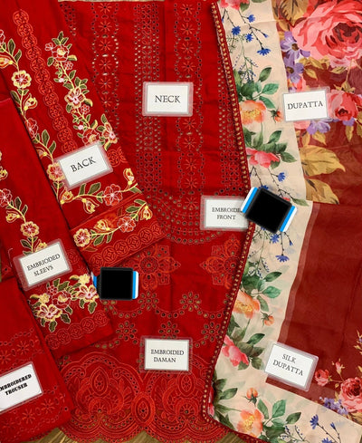 Saira Rizwan | Red Chickankari 3Pc- Lawn