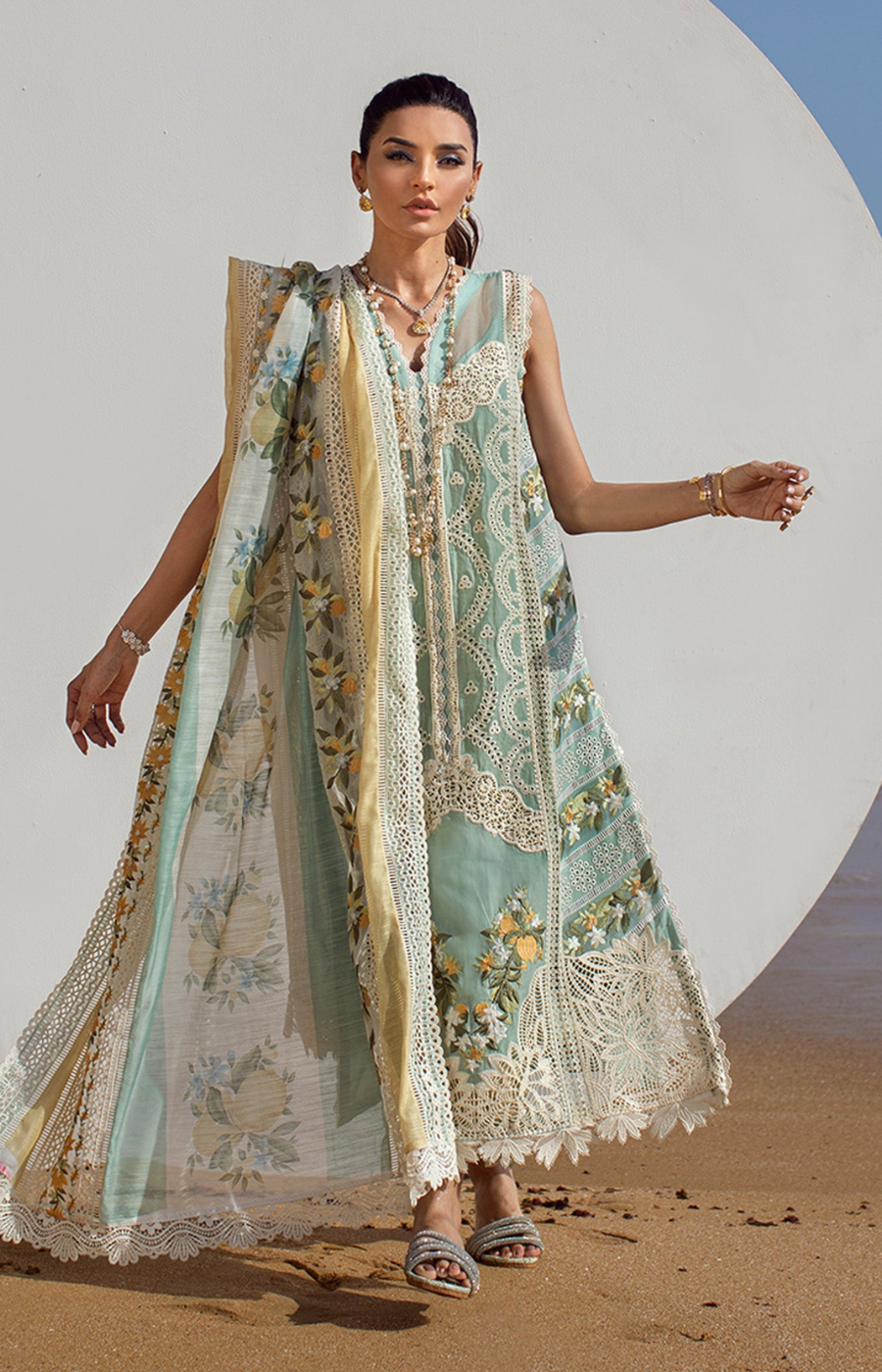Crimson | Green Chickankari 3Pc - Lawn