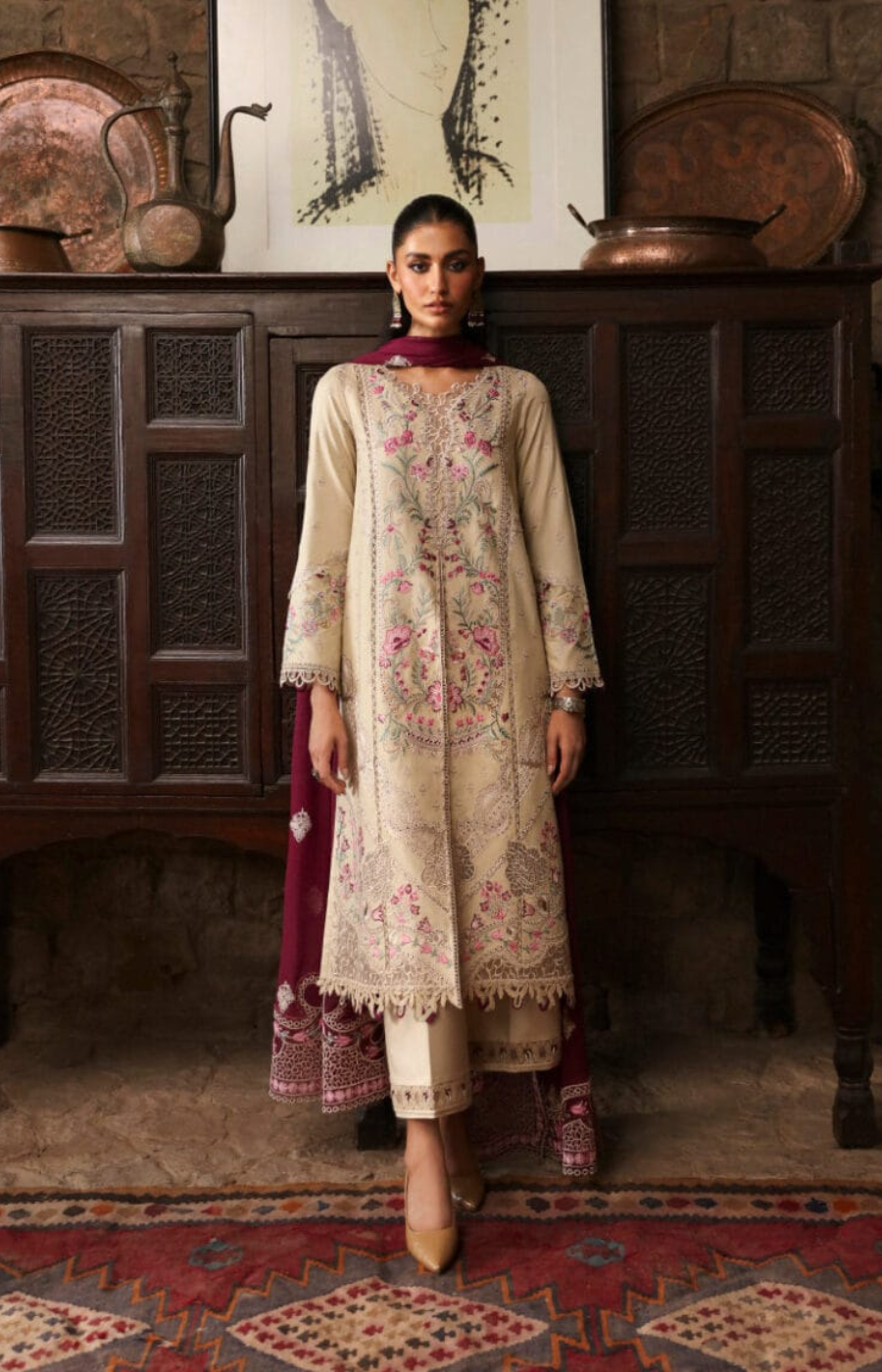 Qalamkar | Skin Embroided Unstiched 3pc - Lawn