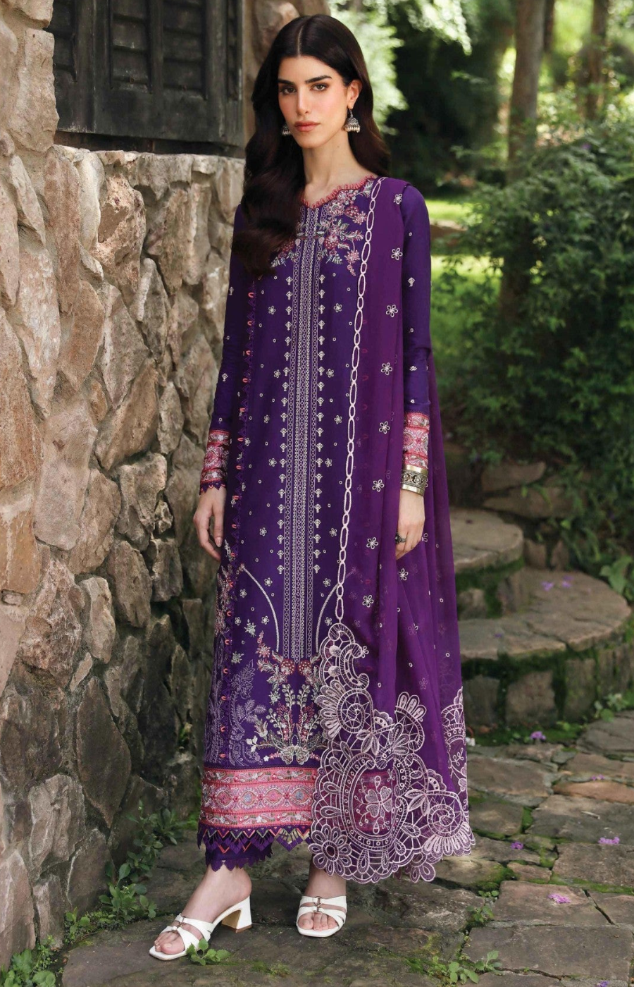 Qalamkar | Purple Embroided Unstiched 3Pc - Lawn
