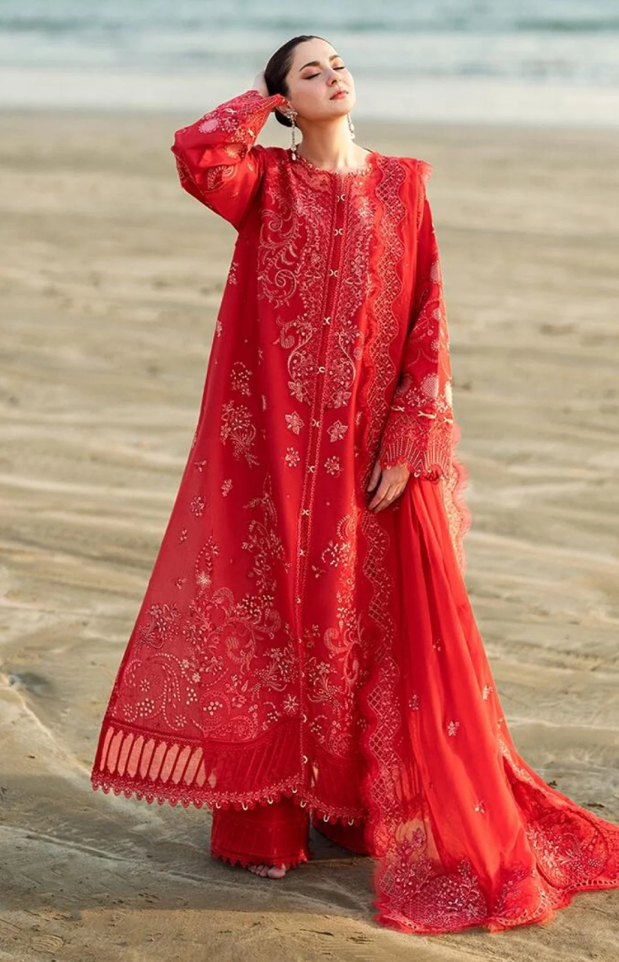 Qalamkar | Red Heavy Embroided 3Pc - Lawn